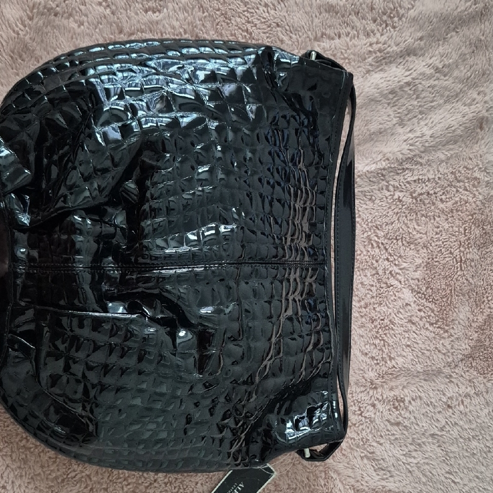 Glossy Black Croc-Embossed Shoulder Bag
